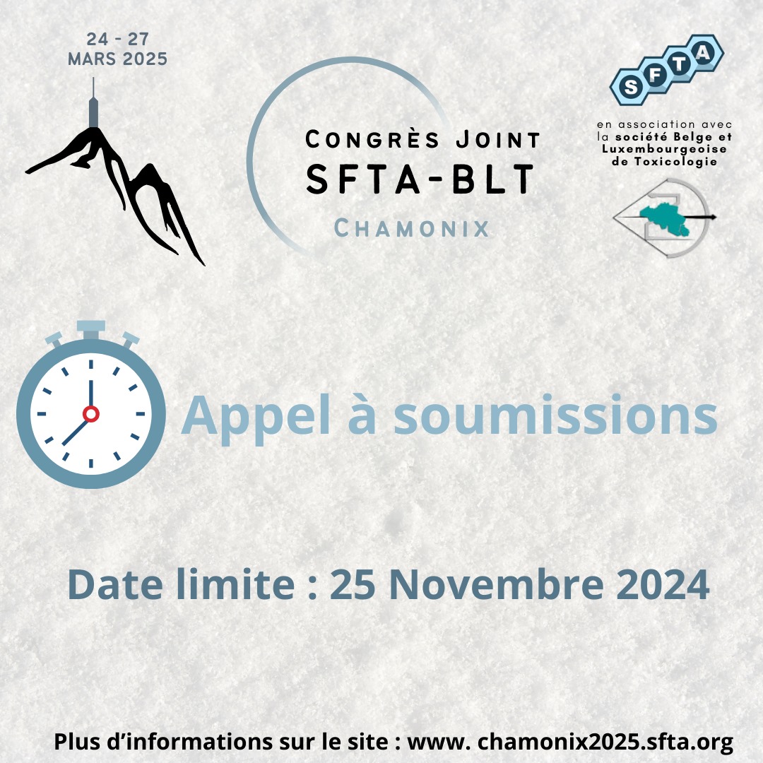 🚨 Les inscriptions pour le 33ème Congrès de la SFTA, organisé conjointement avec la Toxicological Society of Belgium and Luxembourg (BLT) sont ouvertes ! 
La date de soumission des résumés (   chamonix2025.sfta.org/instructions-g… ) pour communications est fixée au 25 novembre 2025.