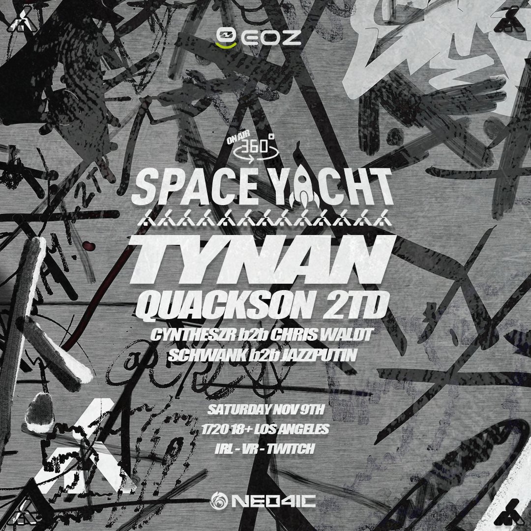 SHELTERVRCLUB's tweet image. PRESENTED. BY. @EOZ_VR.
@SPACEYACHT. X. @SHELTERVRCLUB.
1720. LOS ANGELES. 18+.
NOVEMBER. 9TH.
360. STAGE. BUILD.
@NEO4IC. POP. UP.
@TYNANOFFICIAL.
@QUACKSONMUSIC.
@2TD__.
@CYNTHESZR. B2B. @CHRISWALDT.
@SCHWANKMOMENT. B2B. @JAZZPUTIN.
VR. TWITCH. IRL.
TICKETS. ON. SALE. NOW.