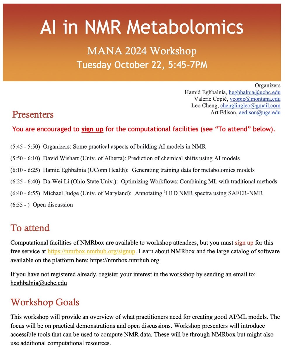 We're 1-week away from hashtag#MANA2024, are you ready? We have many exciting workshops lined up, check out important information from "AI in NMR Metabolomics" workshop organizers. This workshop is scheduled for Tuesday, Oct 22, 5:45-7:00 pm.