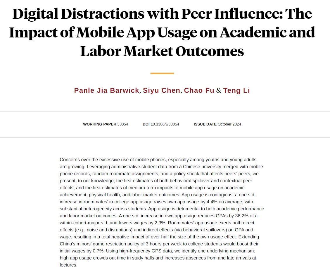 App usage is
- contagious (sd increase of roommates’ in-college app usage raises own by 4.4%)
- detrimental to academic performance and labor market outcomes (sd increase reduces GPAs by 36% and wages by 2.3%)

App restriction policy would boost wages!

nber.org/papers/w33054