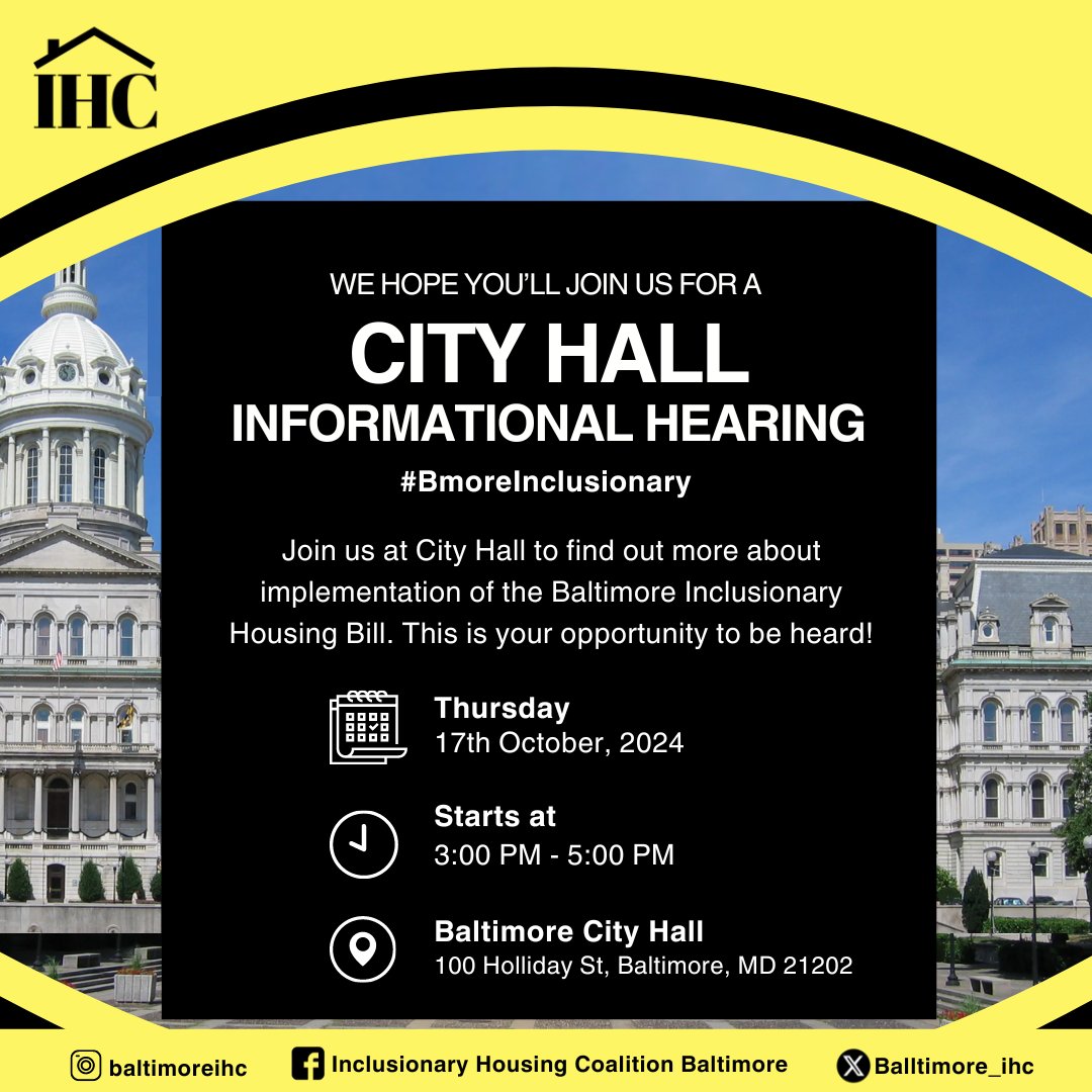 Join us Thursday at City Hall for #BmoreInclusionary Bill informational hearing!
