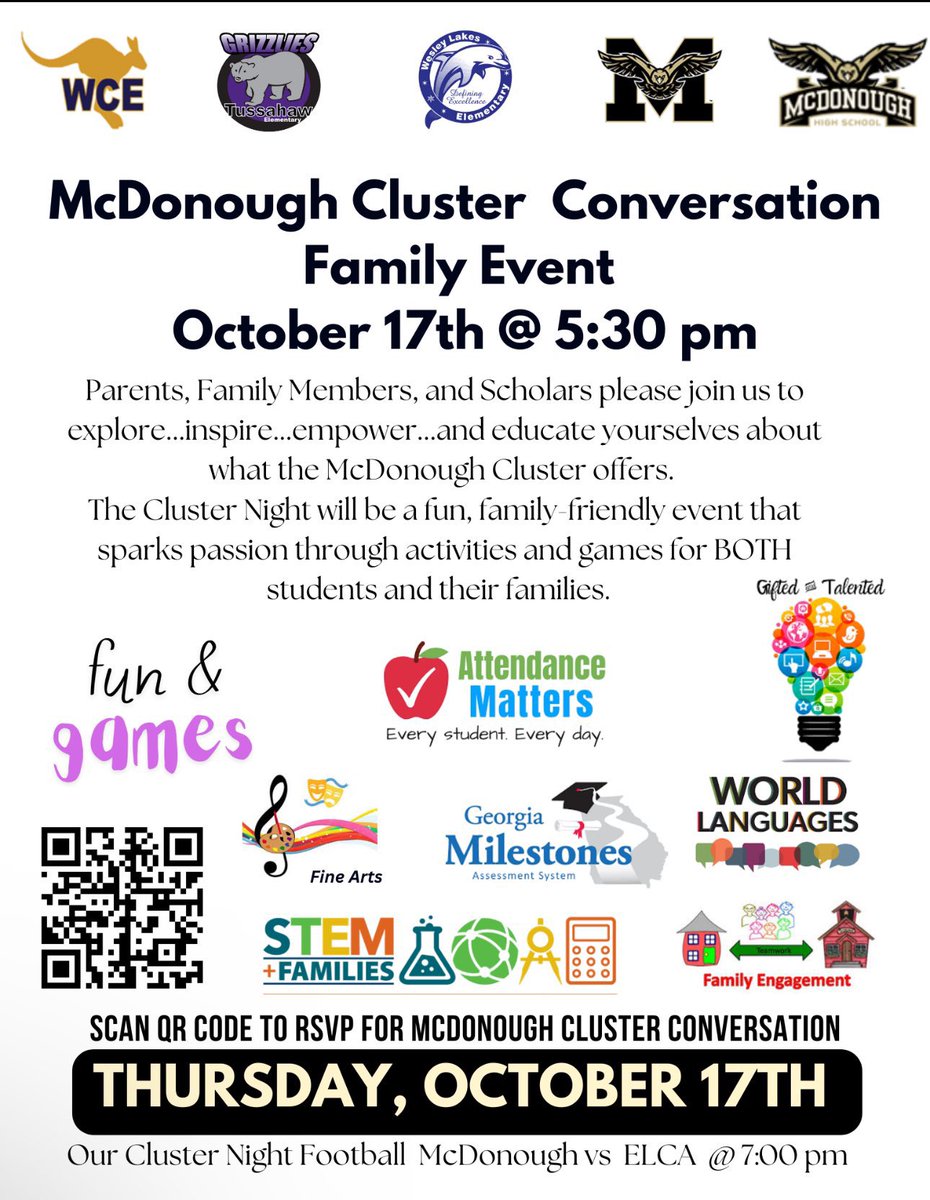 Please join us this Thursday, October 17 for our Cluster Conversations Night! Discussion topics include: SAFE Henry, GMAS &amp; SAT/ACT Road to Testing Success, Family Fitness &amp; Wellness, and Elevating Gifted/Advanced Learners. An event you don’t want to miss! See you Thursday!