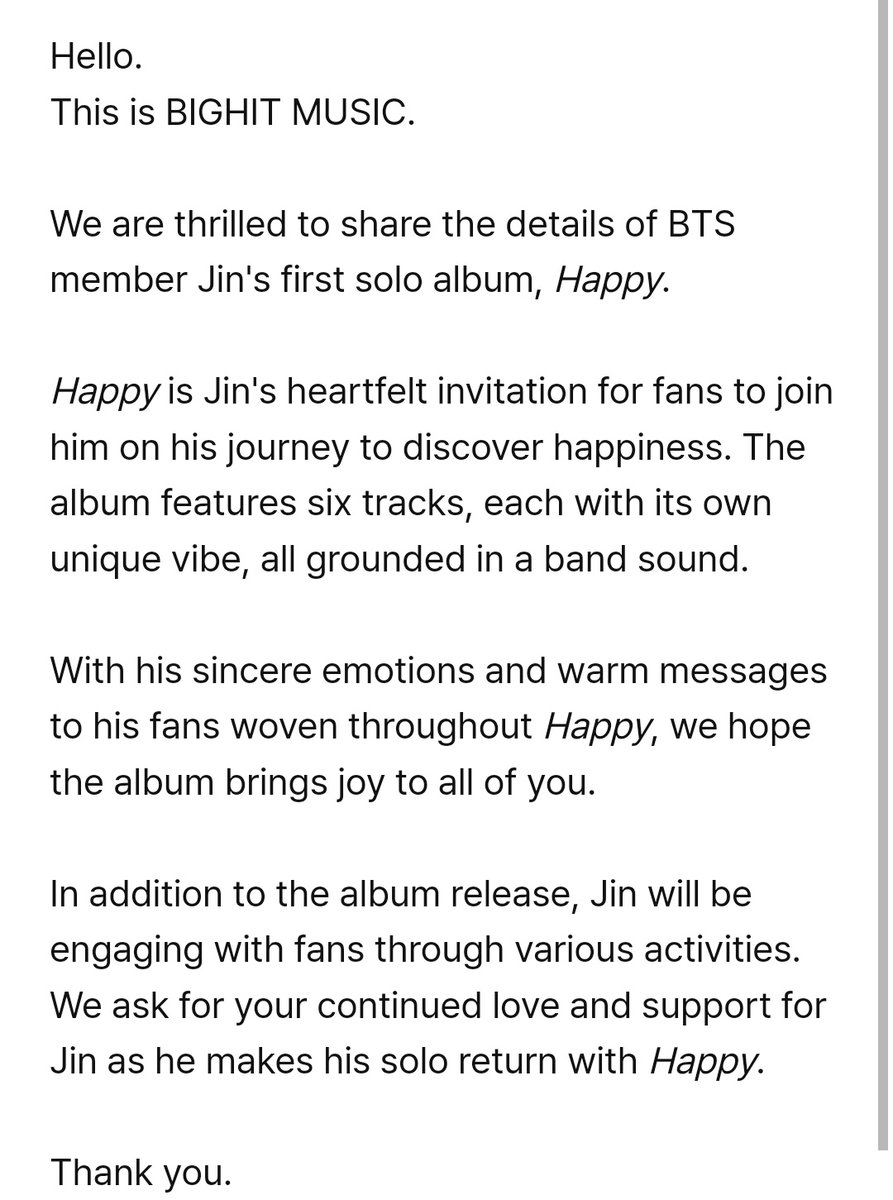 winnttaebear's tweet photo. Jin's first solo album, Happy.

Pre-Order Date: From 11 AM, Tuesday, October 15, 2024 (KST)
Release Date: 2 PM, Friday, November 15, 2024 (KST) https://t.co/ZsAvFMSsJp