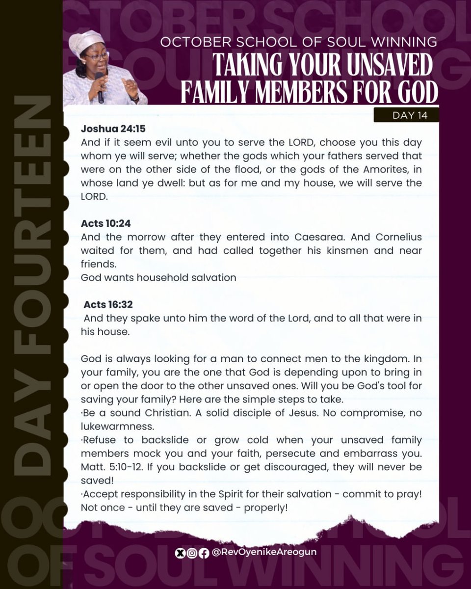 oyenikeareogun's tweet photo. 🙏 God wants household salvation!
✅ Accept responsibility in the spirit for the salvation of your family members.
🙌 Commit to praying for them UNTIL they are saved properly!

#RevOyenikeAreogun #UpHolyGhost #OctoberDigest #OctoberSchoolOfSoulWinning https://t.co/sC7ZwPBPL5