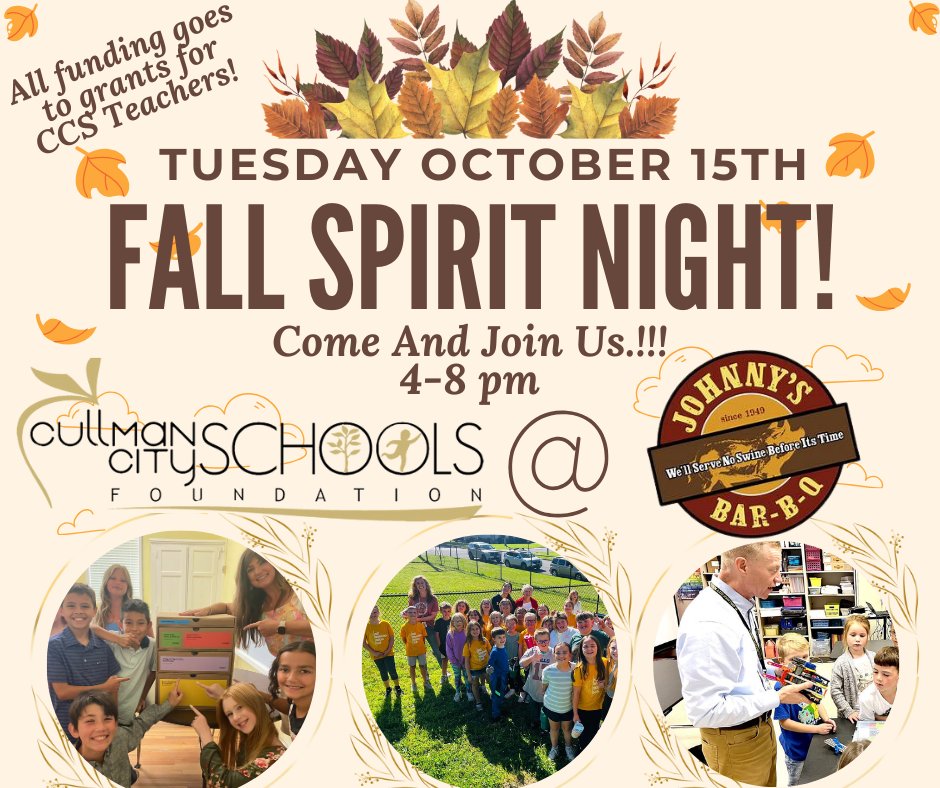 Be sure to join us tomorrow night for our Cullman City Schools Foundation Spirit Night at Johnny's Bar-B-Q! Eat with us from 4-8 and mention CCSF! Proceeds will benefit Cullman City Schools classrooms! @johnnysbarbq