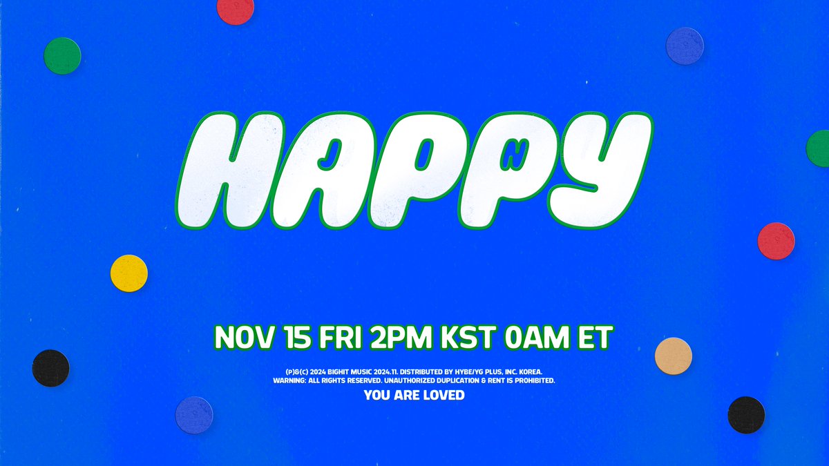 JMLOVEMODE's tweet photo. [공지] #JIN 솔로 앨범 ‘Happy' 발매 안내

‘Happy’는 행복을 찾는 여정을 함께하자는 진의 다정한 메시지가 담긴 앨범으로, 밴드 사운드를 기반으로 한 다양한 장르의 총 6곡이 수록되어 있습니다.

예약 구매 일시: 2024년 10월 15일(화) 오전 11시 (KST) ~

발매 일시: 2024년 11월 15일(금) 오후 2시 (KST)