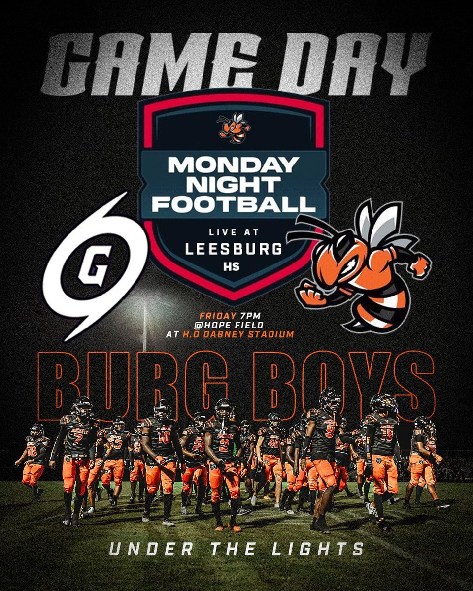 Game Day on a Monday in #TheBurg! Come out to Hope Field for some Monday Night Football!  

 #TheBurg #WeAreLeesburg #ReapTheHarvest #StillBuzzin #BurgBoyz #BetterattheBurg #TogetherWeSwarm #ForTheFamily #GoJackets #BeatGainesville