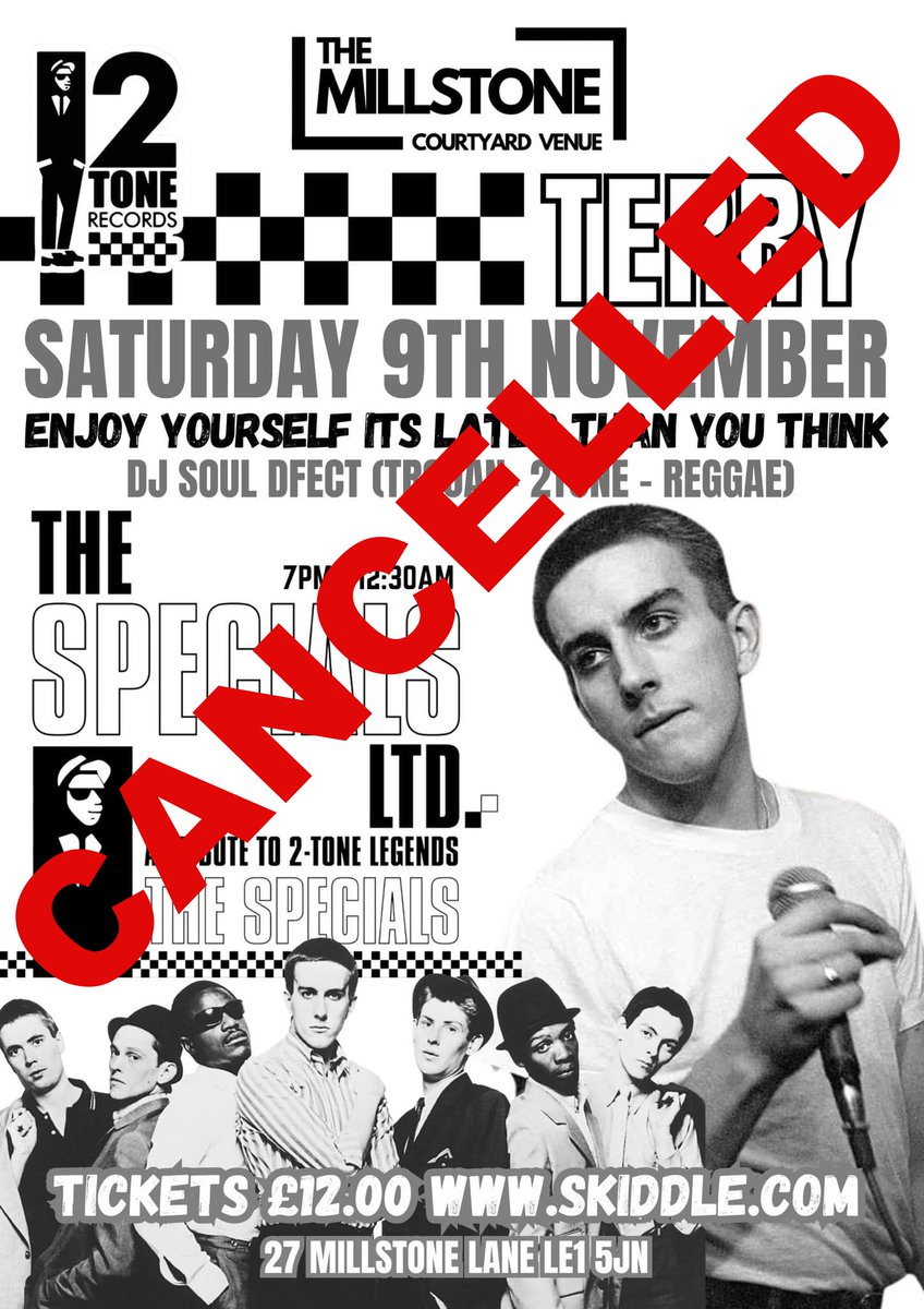 LtdSpecials's tweet photo. Due to unforeseen circumstances, our show at The Millstone Courtyard in Leicester on Nov 9th has been cancelled. We're very sorry for the inconvenience!

If you have already purchased a ticket, please contact the venue directly for a refund. Thank you 🙏 https://t.co/ljnZ1rJIdR
