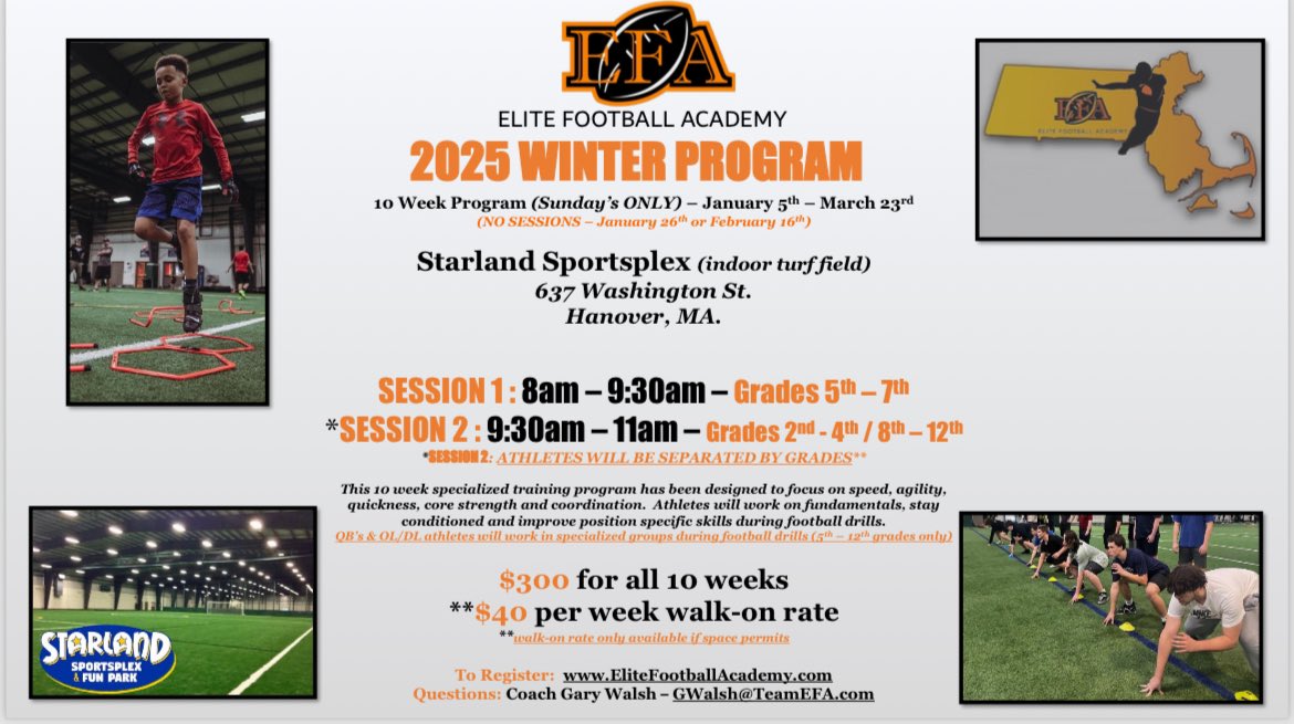 🚨ANNOUNCEMENT🚨

We are halfway through the 2024 season and wanted to announce our next program beginning in January 2025 

Registration for our 2025 WINTER PROGRAM is officially open!

The flyer is attached and please visit our website to sign up!

EliteFootballAcademy.com