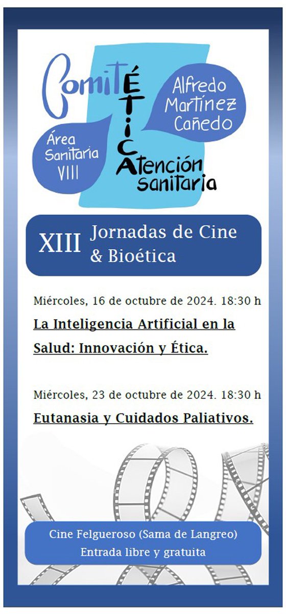 🔹️𝐋𝐚𝐬 𝐣𝐨𝐫𝐧𝐚𝐝𝐚𝐬 𝐝𝐞 𝐜𝐢𝐧𝐞 𝐲 𝐛𝐢𝐨é𝐭𝐢𝐜𝐚 𝐝𝐞𝐥 á𝐫𝐞𝐚 𝐬𝐚𝐧𝐢𝐭𝐚𝐫𝐢𝐚 𝐝𝐞𝐥 𝐍𝐚𝐥ó𝐧 analizarán los cuidados paliativos, la eutanasia y el uso de la inteligencia artificial

🔹️El Comité de Ética para la Atención Sanitaria promueve este ciclo con