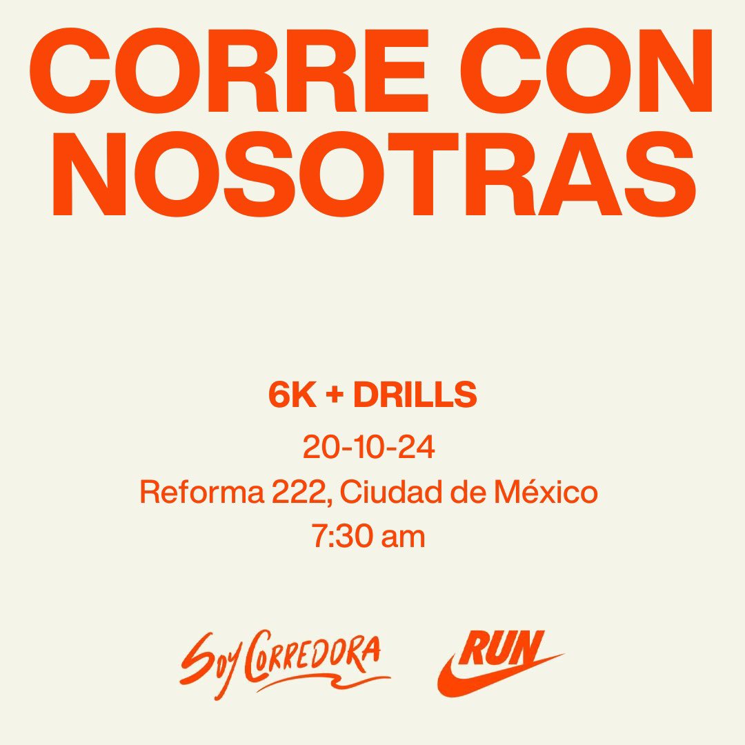 ¡Ya sabes! Solo llegas, caminas, trotas o corres. Luego entrenas unos drills, convives y haces amigas, ¡y encuentras sorpresas! 
✅Es gratis y no hay registro, puede venir quien quiera 🎉🏃🏻‍♀️‍➡️🫶

#soycorredora #soycorredorasquadxnike #nike #nikerunning #TeamNike