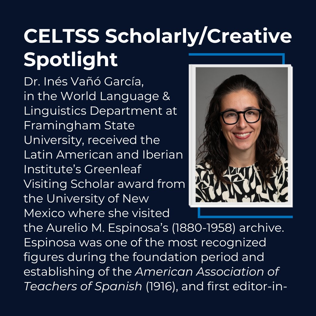 FSUCELTSS's tweet photo. Check out our latest CELTSS Scholarly/Creative Spotlight: Dr. Inés Vañó García, in the World Language &amp; Linguistics Department at @FraminghamU.
To learn more about her talk on October 16th, click here to view the flyer: https://t.co/dBUS22JLyx
@InesVano https://t.co/RUr2k5SaBh