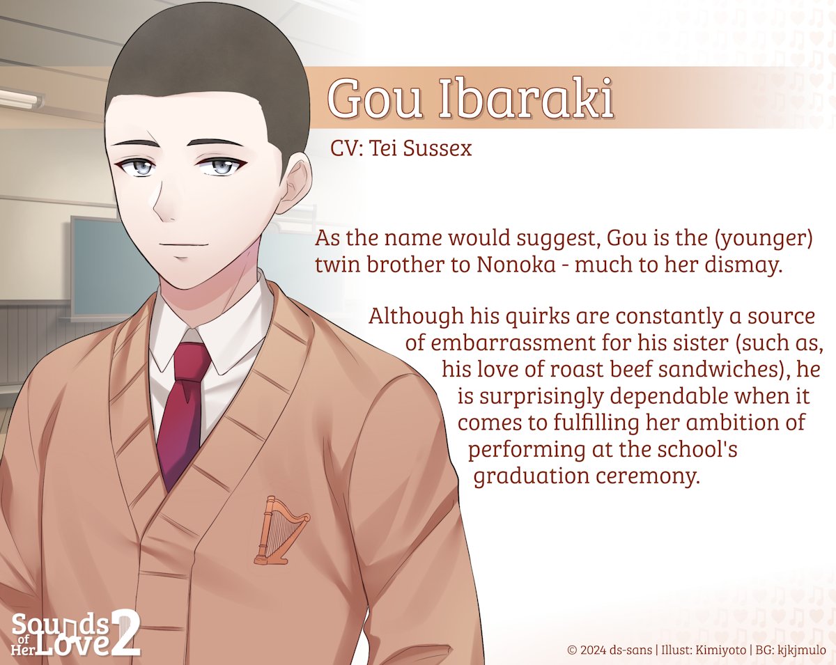 dssansVN's tweet photo. Casting announcement! 📣

We've introduced some sibling rivalry to Sounds of Her Love 2!

@TeisVoice will be playing Gou Ibaraki - Nonoka's twin brother - in our upcoming #visualnovel! ✨

#vndev #gamedev #indiedev https://t.co/M2OEVxA23S