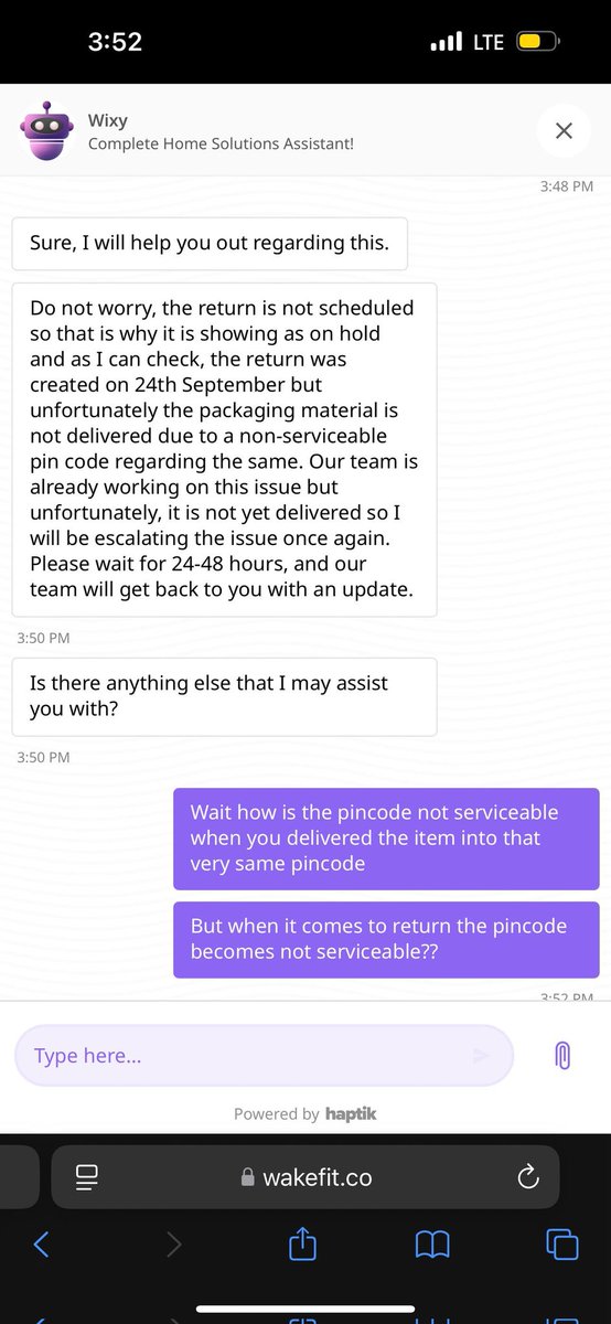 Garbage0pinions's tweet photo. @SupportWakefit @WakefitCo wow product gets delivered to the same pincode but at the time of return the pincode becomes unserviceable. Pathetic service. Really inefficient and unprofessional. First you took days to deliver now months to return? I would suggest everyone not to buy https://t.co/OgbCJJIGLm