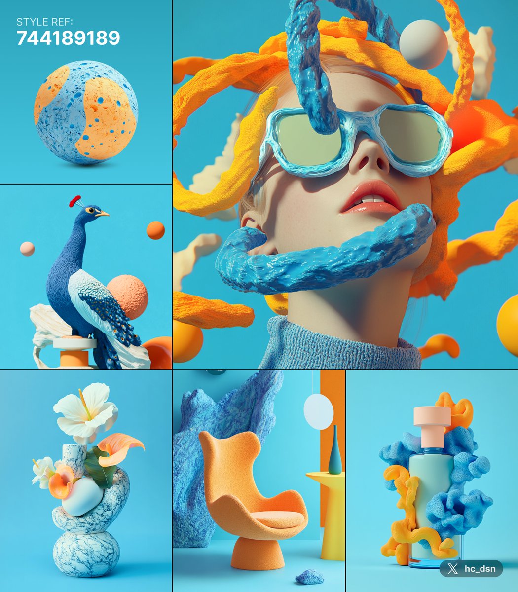 hc_dsn's tweet photo. 🩵 Vibrant Surrealism Style 💛   

→ Code: 744189189         
→ Color: Cyan / Yellow / Orange
→ Tone & manner: Playful / Surrealism / Pop art   
→ Trait: Organic Abstract Shapes / 3D / Texture   

This style is a fusion of playful abstraction and surreal imagery, blending fashion, organic forms, and whimsical objects. It features vibrant, saturated tones with complementary palettes that enhance visual contrast. Exaggerated forms and playful arrangements spark curiosity, while the tactile quality of the imagery makes it feel almost touchable, inviting interaction through soft textures and sculptural shapes. Everyday objects are reimagined in unexpected ways, transforming their ordinariness into something imaginative and extraordinary.

It's suit for tokes like:  
→ 3D abstract art
→ Surreal
→ Dazed style
→ Sculpture
→ Figure  

That's it for now!              
I would love to see your creations!       

--------                 

If you like my content, feel free to          
1⃣ Follow me         
2⃣Retweet my post       
3⃣Support this channel https://t.co/HJ2TfZfhc2

Thank you!      

#midjourneyv61 #midjourney 
#surreal #3dabstract #popart
#aiart #srefshare #hc_dsn