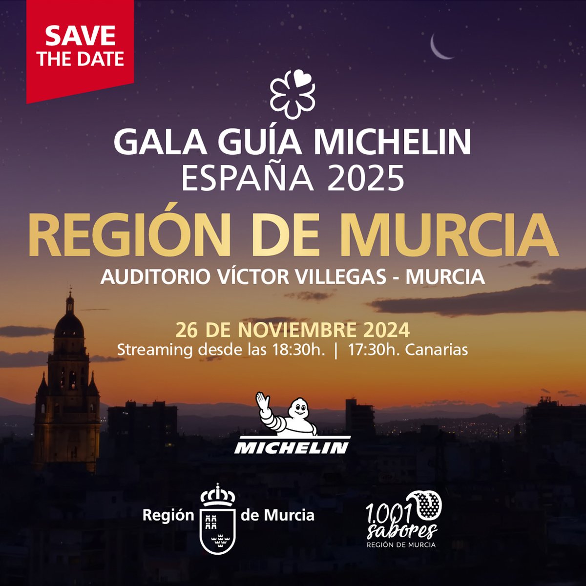 La Gala de la Guía MICHELIN España 2025 llega a la Región de Murcia para llenar la noche de Estrellas. 
✅ 26 de noviembre en el <a href="/AUDITORIOMURCIA/">Auditorio Regional Víctor Villegas</a>.
✅ Podrás seguirla vía streaming.
Permanece atento porque, ¡falta mucho por desvelar!
#GuiaMICHELINESP #MICHELINSTAR25 #1001SaboresRM