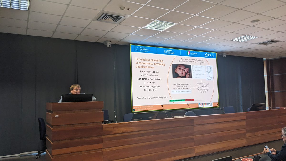 APELab_INFN's tweet photo. #APELab at the #INFN Workshop #Computing@#CSN5
#AppliedPhysics #AI #MachineLearning #HPC #ComputerArchitecture
Here PS Paolucci presenting "#Simulations of #learning, #consciousness, #dreaming and #DeepSleep" #FAIR #EBRAINS #BRAINSTAIN
Agenda + slides: https://t.co/Iv7cGbdfVR https://t.co/7vU0QyadPY
