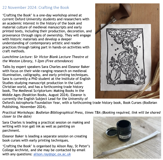 Oxford Medieval Studies (@oxmedstud) on Twitter photo Learn about material culture through talks by expert speakers like <a href="/sarajcharles/">Sara Charles</a> and <a href="/EleanorMayBaker/">Dr Eleanor Baker</a> and hands-on crafting activities 📜
📅 22 Nov
📍 Weston Library and Bodleian Bibliographical Press <a href="/bodleianlibs/">Bodleian Libraries</a>
<a href="/liber_ray/">Dr Alison Ray</a> <a href="/BkHistOx/">Oxford History of the Book</a> Learn about material culture through talks by expert speakers like <a href="/sarajcharles/">Sara Charles</a> and <a href="/EleanorMayBaker/">Dr Eleanor Baker</a> and hands-on crafting activities 📜
📅 22 Nov
📍 Weston Library and Bodleian Bibliographical Press <a href="/bodleianlibs/">Bodleian Libraries</a>
<a href="/liber_ray/">Dr Alison Ray</a> <a href="/BkHistOx/">Oxford History of the Book</a>