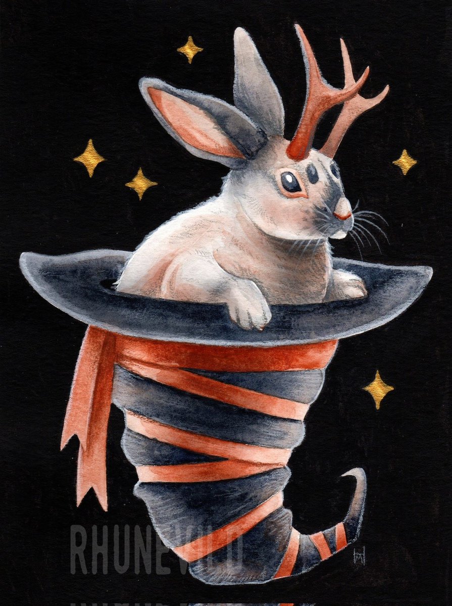 #witch prompt for <a href="/drawtober/">Drawtober</a>, limited palette watercolors (Payne's Gray and Burnt Sienna), colored pencil and gold paint. As you can see, the theme for #drawtober2024 has been 'jackalope'.

Though that's basically the theme for every single thing I do. 🐇🦌