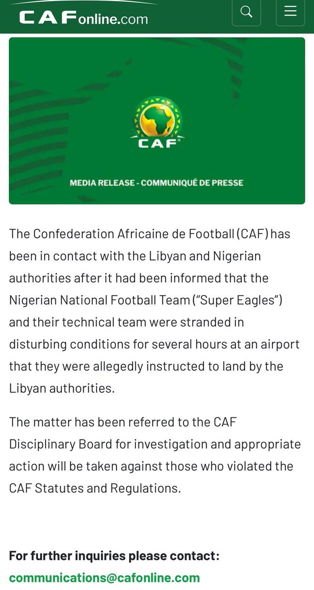 Oluwashina Okeleji (@oluwashina) on Twitter photo “Disturbing and unacceptable experiences”
Continent’s football governing <a href="/CAF_Online/">CAF_Online</a> has referred the #Libya vs #Nigeria airport chaos to its Disciplinary Board for “investigation and appropriate action will be taken against those who violated the CAF Statutes and Regulations.” “Disturbing and unacceptable experiences”
Continent’s football governing <a href="/CAF_Online/">CAF_Online</a> has referred the #Libya vs #Nigeria airport chaos to its Disciplinary Board for “investigation and appropriate action will be taken against those who violated the CAF Statutes and Regulations.”