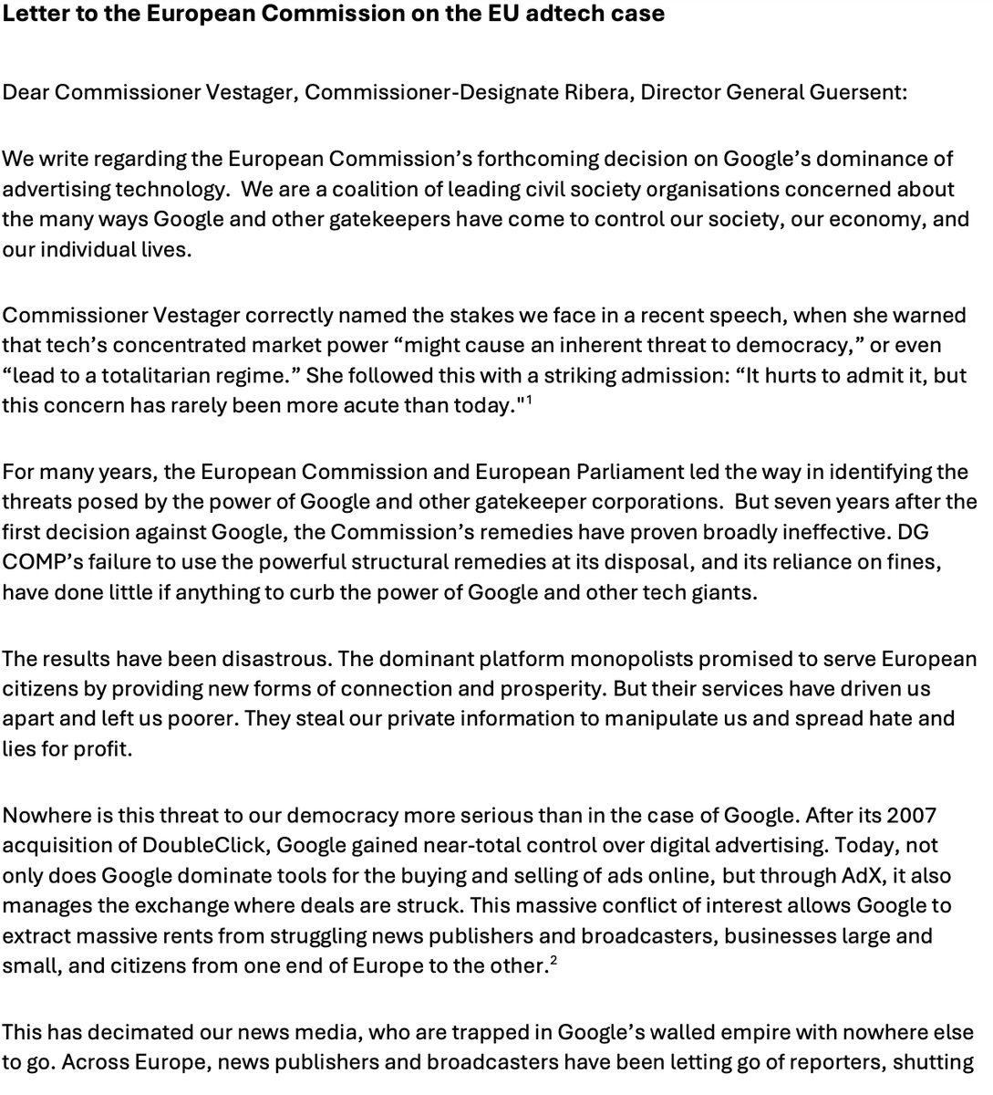 jcbcp's tweet photo. Keep a breakup of #Google on the table in the @EU_commission ad tech case, say a group of civil society groups in a letter to @vestager and @Teresaribera. "Lesser tools [...] will fail here," they write, asking DG COMP to work with 🇺🇸 @JusticeATR in designing a divestment. https://t.co/EhCpOpWWjR