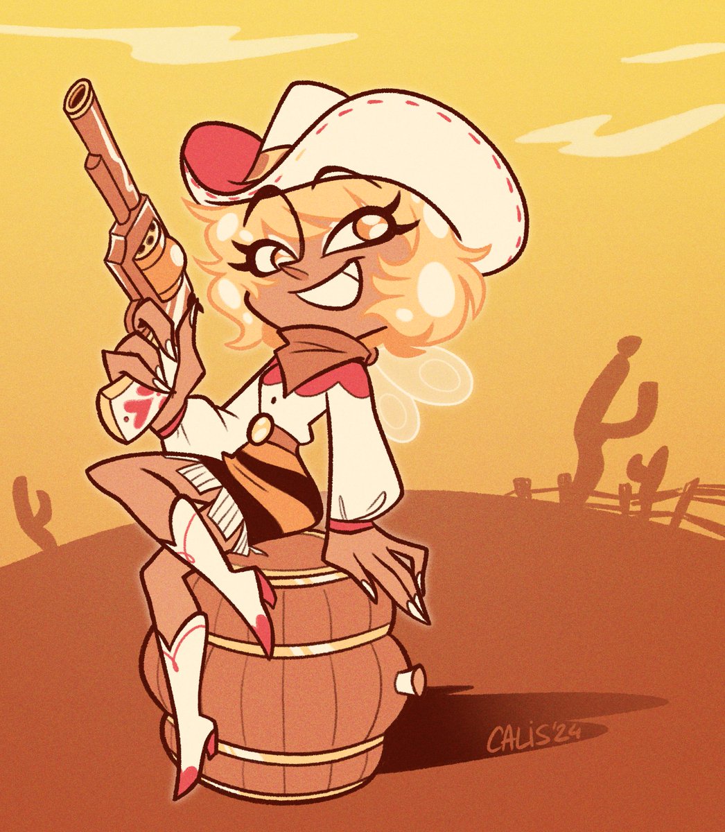 CalisDraws's tweet image. They're doing a themed pinup art challenge in a friend's server, so I took that as an opportunity to doodle, plus I haven't drawn Honey in a while.
The first theme was cowgirl!