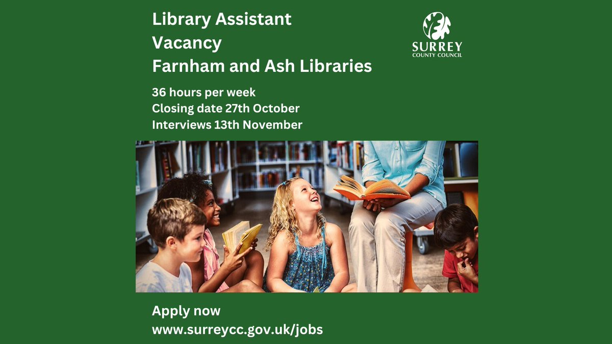 FarnhamLibrary's tweet image. 📢 JOB ALERT! 📢

We are looking for a new Library Assistant to join our team, working 36 hours per week at Farnham Library and Ash Library

Apply here: surreycc.gov.uk/jobs/search/de…

Closing date: Sunday 27th October at 23:59.
#FarnhamLibrary #AshLibrary #SurreyCountyCouncil #Surrey