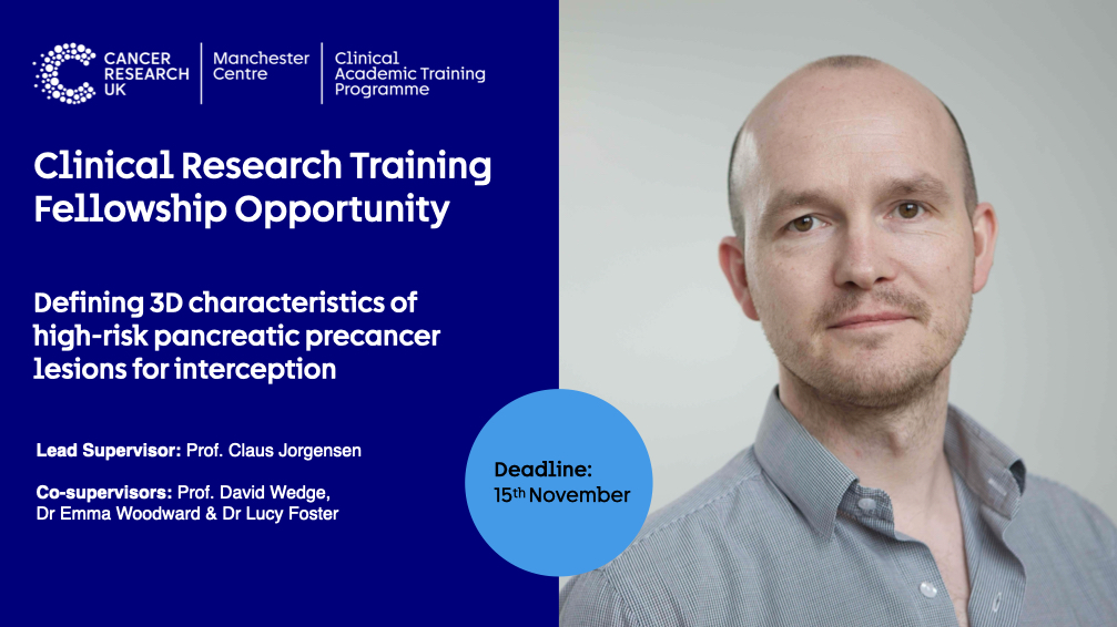 Manchester Cancer Research Centre (@mcrcnews) on Twitter photo Clinical PhD opportunity✨
‘Defining 3D characteristics of high-risk pancreatic precancer lesions for interception.’
Supervised by: Prof. Claus Jorgensen (<a href="/claus_jorgensen/">Claus Jorgensen 🇪🇺🇩🇰</a>)
🔗crukcentre.manchester.ac.uk/opportunities/… Clinical PhD opportunity✨
‘Defining 3D characteristics of high-risk pancreatic precancer lesions for interception.’
Supervised by: Prof. Claus Jorgensen (<a href="/claus_jorgensen/">Claus Jorgensen 🇪🇺🇩🇰</a>)
🔗crukcentre.manchester.ac.uk/opportunities/…