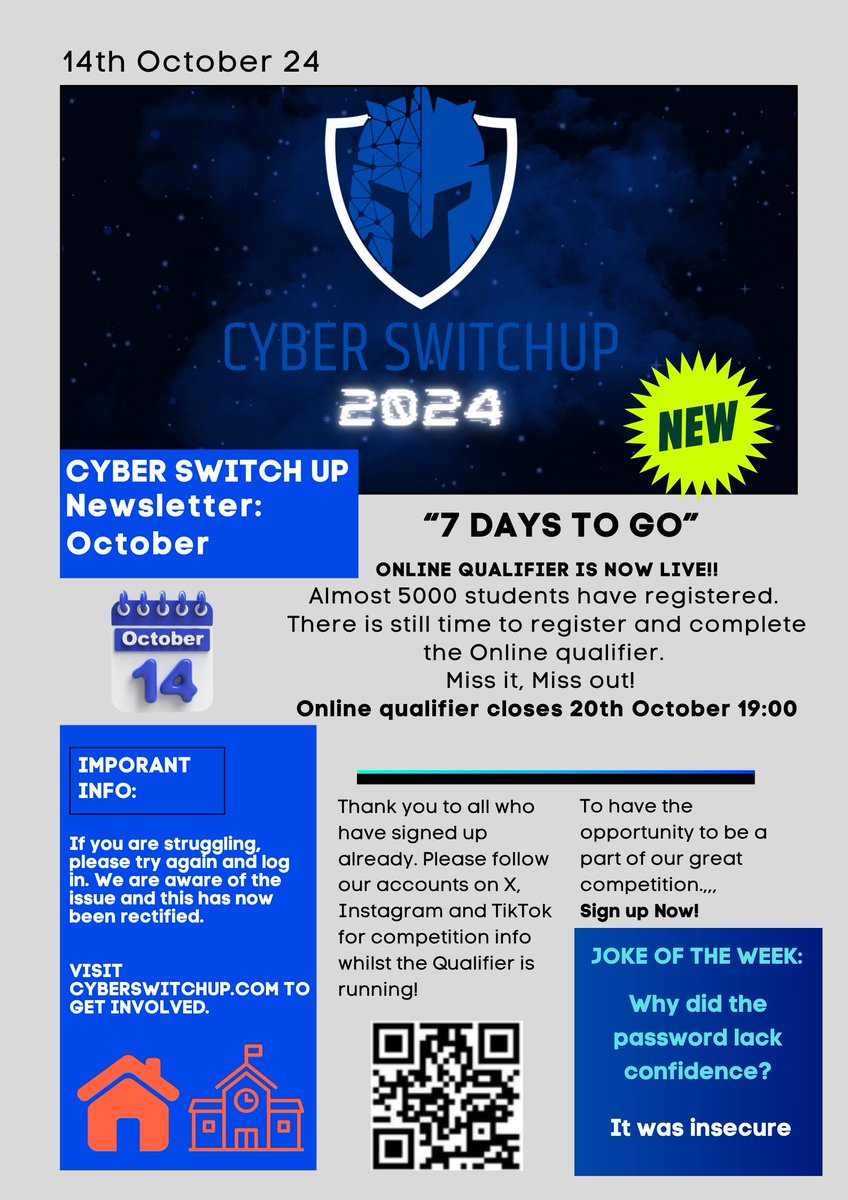 ATTENTION: ISSUE 6 OF THE CYBERSWITCHUP NEWSLETTER IS OUT! 

Look out for weekly information, qualifier/competition updates and Cyber joke of the week! 

To sign up for the qualifier -

cyberswitchup.com #BREAKING #CyberSecurity #cybereducation #cyberawareness