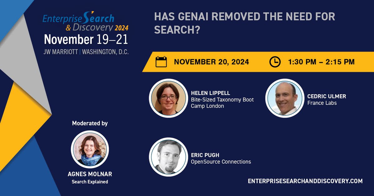 Enterprise Search (@entrpsearch) on Twitter photo Join the panel featuring Helen Lippell, <a href="/octodude/">Helen Lippell</a>, Eric Pugh, <a href="/dep4b/">Eric Pugh</a>, and Cedric Ulmer, <a href="/francelabs/">France Labs</a>, as they explore whether GenAI has replaced traditional search at #ESDDC. Register before Oct. 18th for Early Bird Pricing, use code ESDDC24! enterprisesearchanddiscovery.com/2024/Register.… Join the panel featuring Helen Lippell, <a href="/octodude/">Helen Lippell</a>, Eric Pugh, <a href="/dep4b/">Eric Pugh</a>, and Cedric Ulmer, <a href="/francelabs/">France Labs</a>, as they explore whether GenAI has replaced traditional search at #ESDDC. Register before Oct. 18th for Early Bird Pricing, use code ESDDC24! enterprisesearchanddiscovery.com/2024/Register.…