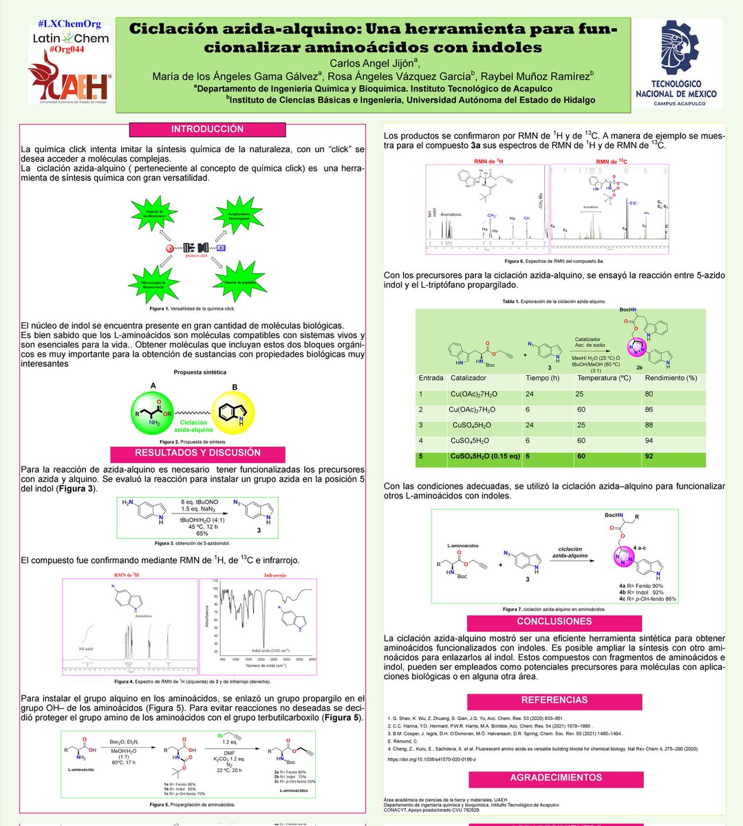 Hola <a href="/LatinXChem/">LatinXChem</a> y a todos los participantes. Mi nombre es Carlos Ángel  Jijón. Muy Felizmente  les presento mi trabajo "Ciclación azida-alquino: una herramienta para funcionalizar aminoácidos con indoles". #LatinXChem24 #Org044 #LatinXChemOrg #Químicaclick #Ciclaciónalquinoazida
