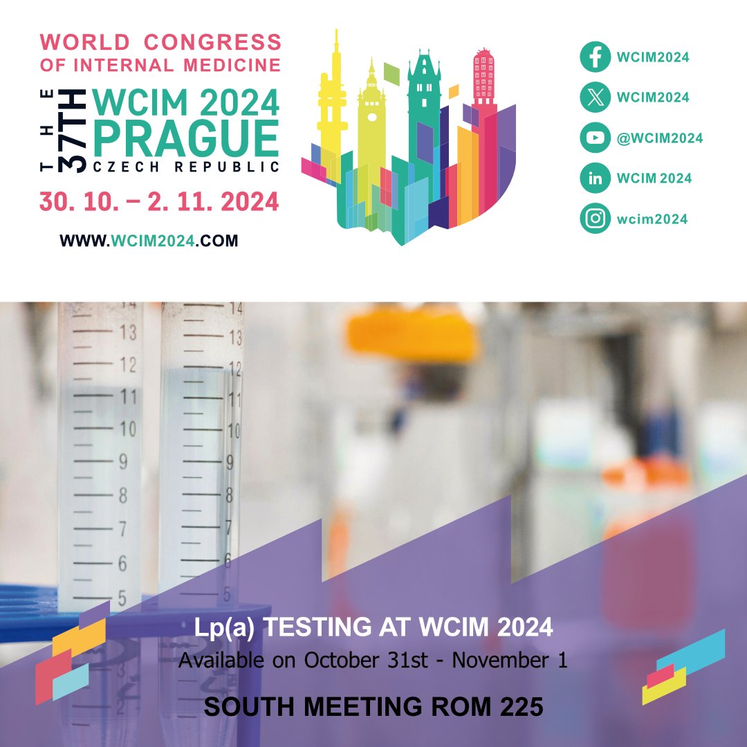 Lp(a) testing will be available on October 31st and November 1st!

📍 Location: South Meeting Room 225, 2nd floor
🕘 Time: 9:00 AM - 5:00 PM

Make sure to take advantage of this opportunity! See you there! 👩‍⚕️👨‍⚕️
#HealthFirst #LPATesting #WellnessMatters #WCIM2024 #Prague