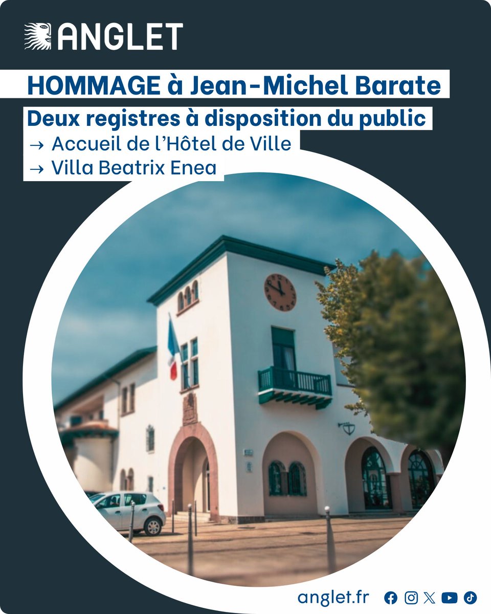 Hommage à Jean-Michel Barate
À la suite du décès de Jean-Michel Barate, 1er adjoint au maire d'Anglet en charge de la culture, du patrimoine et du jumelage, 2 registres sont à disposition des Angloys, à partir de ce 15 oct.: accueil de la mairie et Villa Beatrix Enea
#VilleAnglet