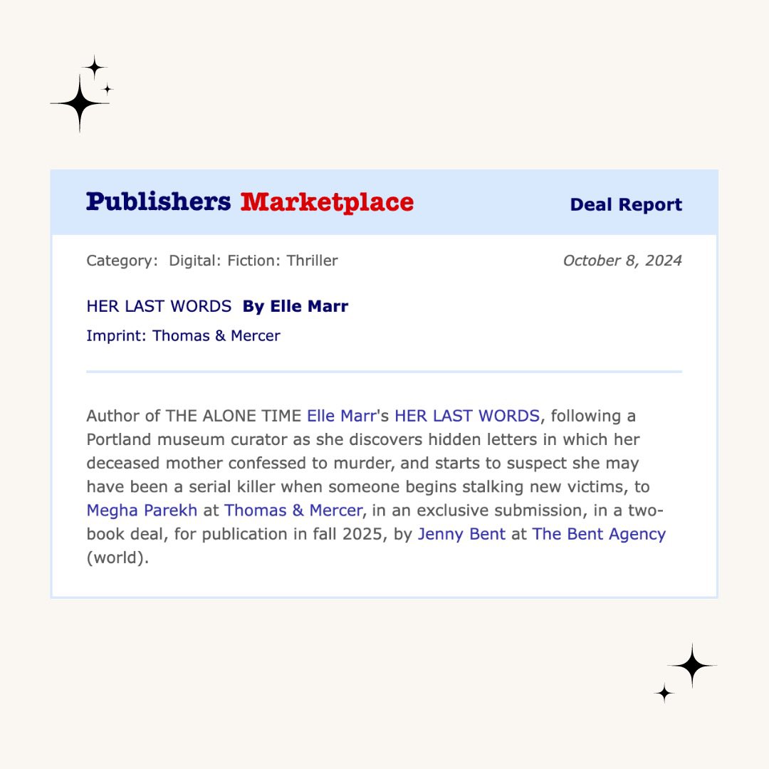 Elle Marr | Fall vibes only π π π (@ellemarr_) on Twitter photo β¨I got a new 2-book deal!β¨ My next thriller HER LAST WORDS will be my 7th book π±ππ₯³ PLUS, Expect another from me in 2026. Thank you <a href="/meghaparekh/">Megha Parekh</a> + <a href="/AmazonPub/">Amazon Publishing</a> for making this happen! And as always huge gratitude goes to readers for your support. So excited for this one! β¨I got a new 2-book deal!β¨ My next thriller HER LAST WORDS will be my 7th book π±ππ₯³ PLUS, Expect another from me in 2026. Thank you <a href="/meghaparekh/">Megha Parekh</a> + <a href="/AmazonPub/">Amazon Publishing</a> for making this happen! And as always huge gratitude goes to readers for your support. So excited for this one!