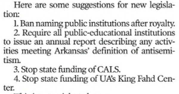 Another superb column by <a href="/RobSteinbuch/">Robert Steinbuch</a> about the rabid antisemitism of <a href="/UArkansas/">University of Arkansas</a> 's King Fahd Center for Middle East Studies. He offers some useful suggestions for the Arkansas legislature to address this. arkansasonline.com/news/2024/oct/…