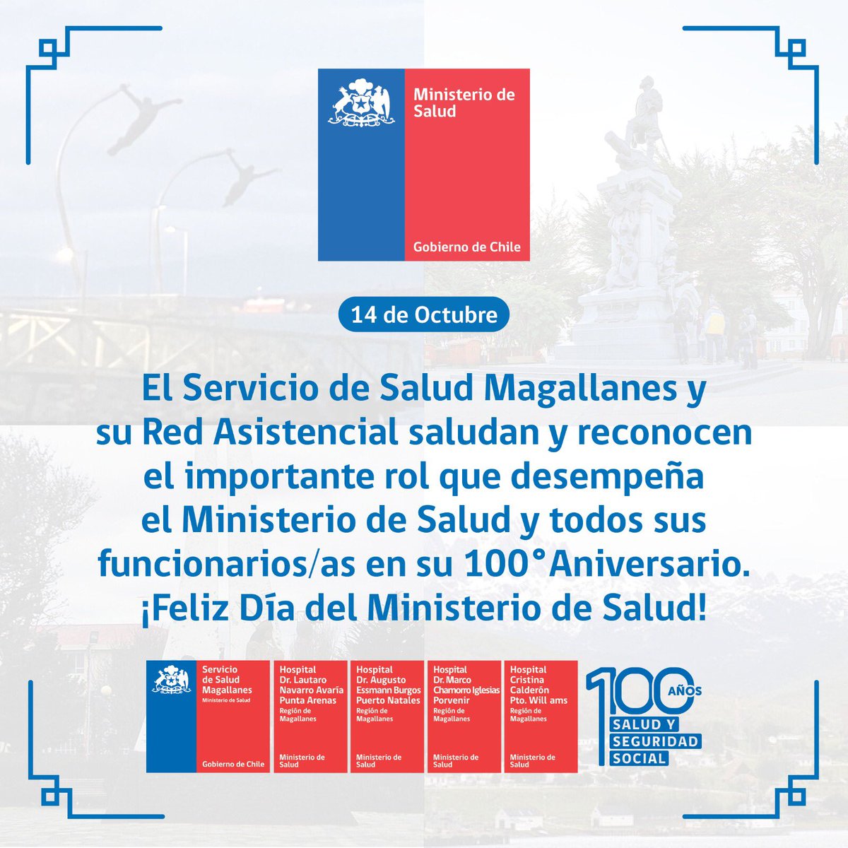 🔴 #100Años En contexto conmemoración centenario creación <a href="/ministeriosalud/">Ministerio de Salud</a>, desde #Magallanes a nombre de directora Verónica Yáñez y de toda su #RedAsistencial, saludamos a autoridades y funcionarios/as por este nuevo aniversario <a href="/ximenaguilera/">Ximena Aguilera</a> <a href="/OSalgadoZepeda/">Osvaldo Salgado Zepeda</a>
