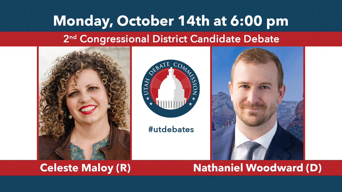 🎤 Tonight: Utah’s Congressional District 2 Debate! 🎤
Don’t miss the showdown between Celeste Maloy (R) and Nathaniel Woodward (D) as they tackle the big issues shaping our future, moderated by Max Roth. 🗳️✨