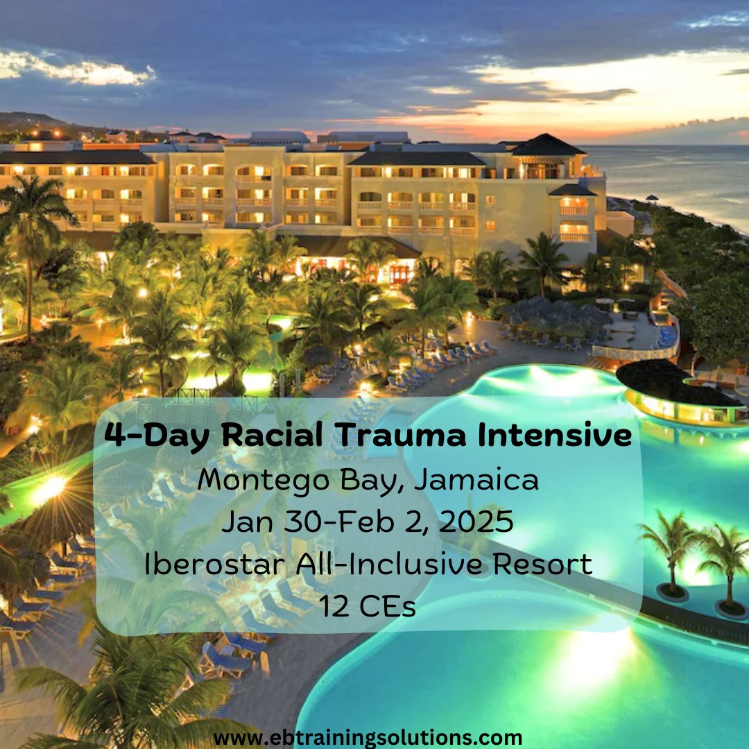Therapists, Jamaica is calling! Join us for this unforgettable training worth 12 CEs with internationally renowned psychologist, author, researcher and trainer Monnica Williams, PhD.

We train till 12:15pm daily so the afternoons are yours!

ebtrainingsolutions.com/event/2025-01-…