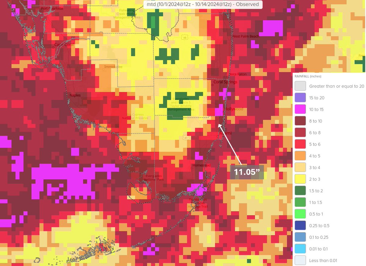 Here's a look at estimated rainfall totals across south Florida so far this month.  My house is at the tip of the white arrow at 11.05 inches (the estimate is a bit low there, as it often tends to be).  That's nearly 3x as much as normal for the first two weeks of October.