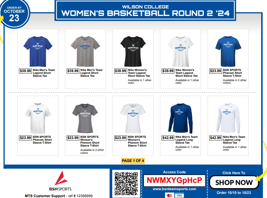 In case you missed out this first time, we have re-opened our 2024-2025 Wilson College Women's Basketball Team Store.

You can use the following link to view our store: bsnteamsports.com/shop/NWMXYGpHcP

Make sure you grab all the latest gear for the 2024-2025 season!