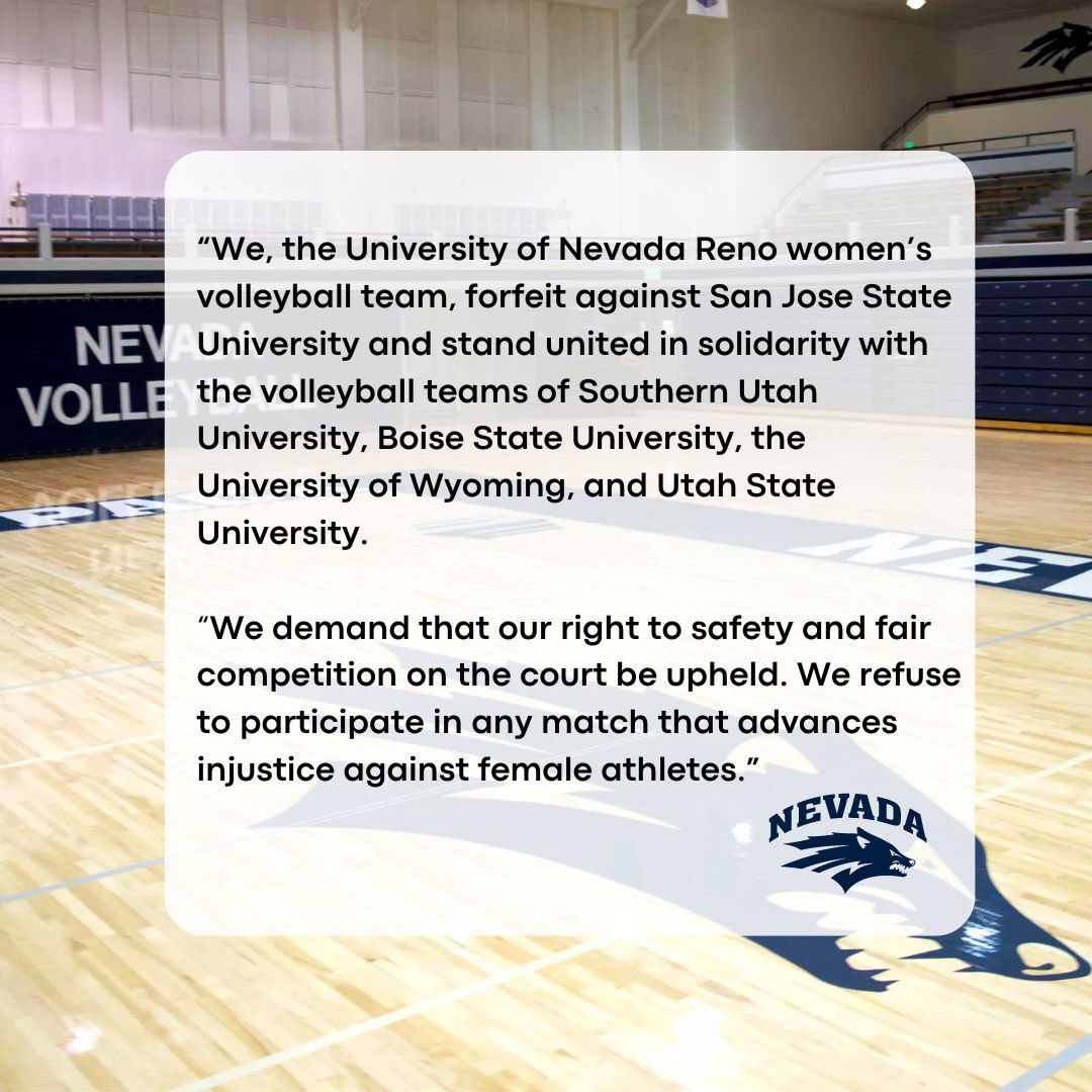 Riley_Gaines_'s tweet image. University of Nevada becomes the 5th team to forfeit their upcoming match against SJSU. They're the first school to specifically cite fairness &amp;amp; safety concerns as reason for forfeit. 

Incredibly proud of these girls👏🏼 this is the way!!!