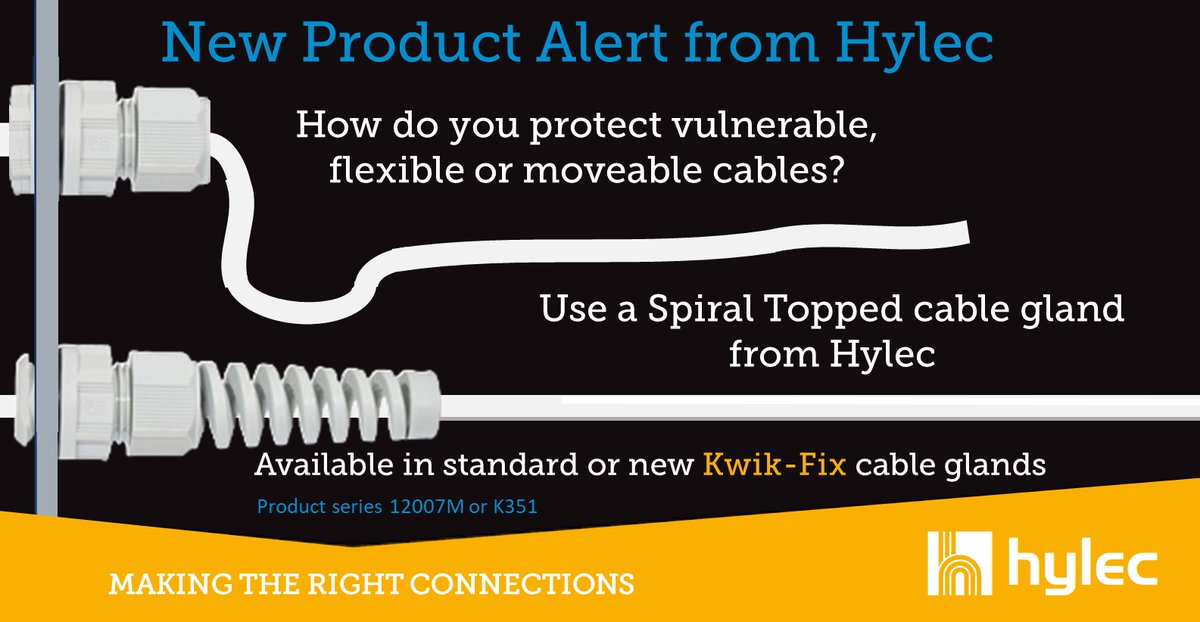 HylecAPL's tweet photo. How do you protect vulnerable, flexible or moveable cables? Use a spiral-topped cable gland from Hylec!
Find out more here: https://t.co/sTkkfkgBQg
#cableglands #cabling #electricalparts https://t.co/dzfGeTc0qQ