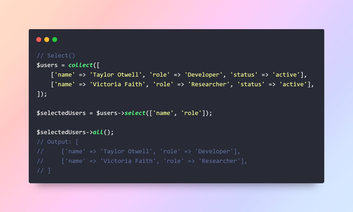 pieces12395's tweet image. 🚀 Laravel 11 Tip: pluck() vs. select()

🔹 pluck(): Gets a single attribute.
🔹 select(): Like SQL’s SELECT for multiple attributes.
Use pluck() for one, select() for many. Boost your Laravel efficiency! #Laravel #PHP #DevTips

medium.com/@aiman.asfia/u…