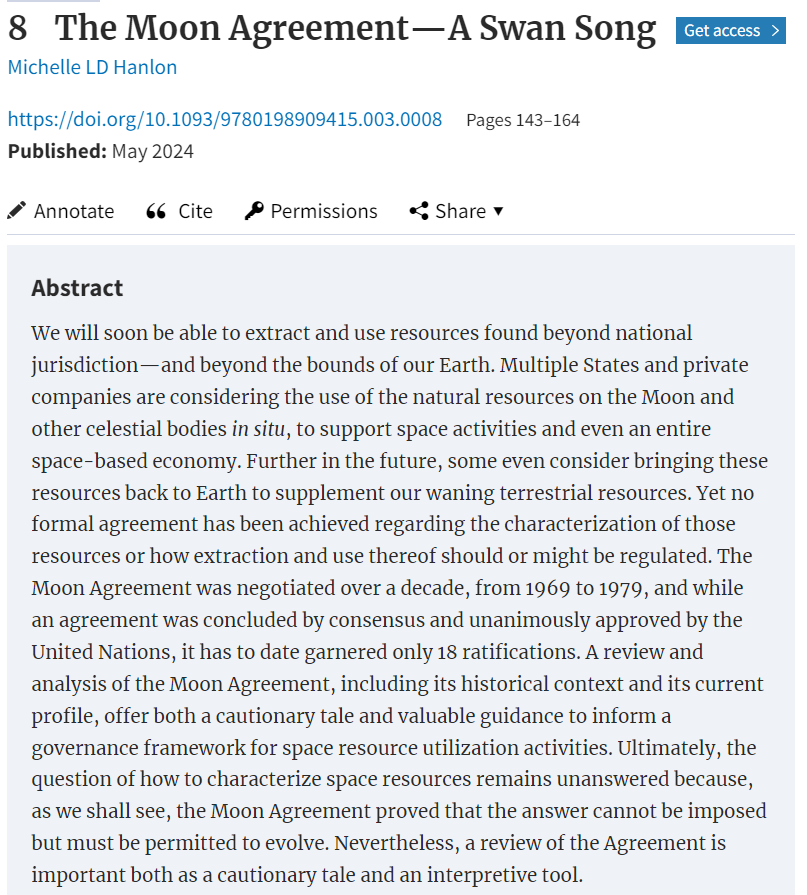 Ctr4AirSpaceLaw's tweet photo. Read @OleMiss  Prof. @hanlonesq 's chapter - "The Moon Agreement - A Swan Song" - recently published in "International Space Law in the New Space Era." https://t.co/0THlXj6Dd7   #SpaceResourceUtilization #SpaceLaw https://t.co/Qfe1smQ9D3