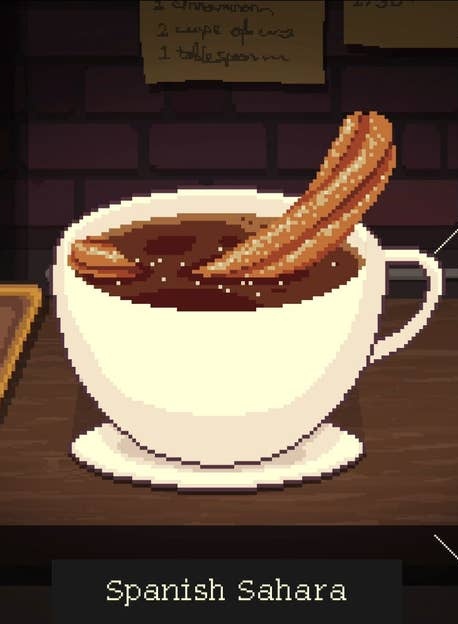 ACafeFriend's tweet image. "Oh? Alright! I think i can handle that..."

He got to work..getting her drink ready in quite a short time...eventually setting a thick chocolate drink down in front of her

Complete with a sugar coated churro resting inside it

"Here you go miss! One Spanish Sahara!"