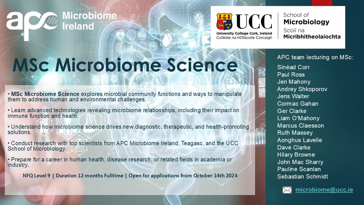 Looking for the next step in your research career? New MSc Microbiome Science opens for applications today! 

We are proud to have a large number of APC investigators lecturing on this course.
 <a href="/UccMicrobiology/">Microbiology UCC</a> <a href="/UCC/">UCC Ireland</a> <a href="/Researchirel/">Research Ireland</a> 
ucc.ie/en/mscmsc/