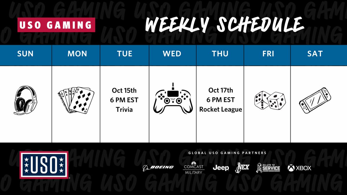 This weeks USO Gaming programming! 🚨

📅 Tues, Oct 15th - Trivia Night 6 PM EST
📅 Thurs, Oct 17th - Rocket League 6 PM EST

All activities happen in the USO Gaming Discord 😀