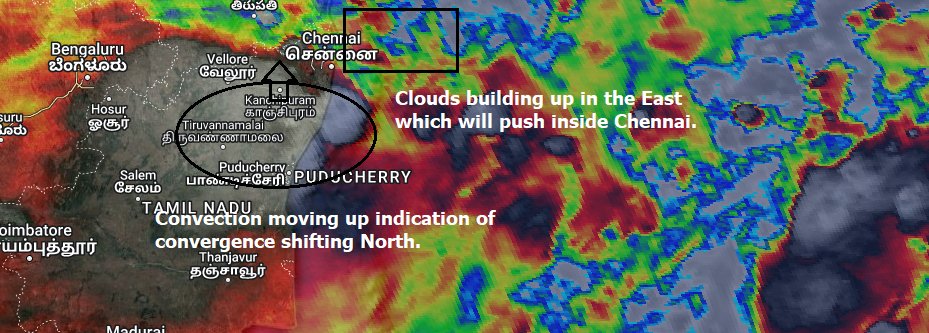 chennaisweather's tweet photo. Rains will gradually increase in the coming hours as clouds form and intensify to the east of Chennai. 

A chunk of convection that was causing rains in Delta and Pondy is climbing towards Chennai, indicating that convergence is moving up. 

As you are all aware, NEM has diurnal peaks, and the nights bring more rain. No need to panic stay cautious!

#ChennaiRains #NEM2024