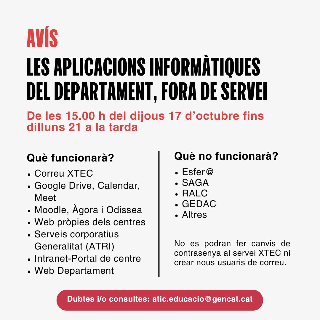 🔔 AVÍS - PREVISIÓ DE TALL INFORMÀTIC 
 
Les aplicacions informàtiques d'<a href="/educaciocat/">Educació</a>, fora de servei.  
 
🔵 De les 15h del dijous 17 d'octubre fins dilluns 21 a la tarda.  
 
📥 Dubtes i/o consultes: atic.educacio@gencat.cat

educacio.gencat.cat/ca/actualitat/…