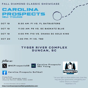 Here’s our tournament schedule for this weekend!!! <a href="/NCProspectsSB/">Carolina Prospects Softball</a> <a href="/LimestoneSball/">Limestone Softball</a> <a href="/MUMonarchsSB/">Methodist University Softball</a> <a href="/LMC_Softball/">Lees-McRae Softball</a> <a href="/GCRhinosSB/">Gaston College Softball</a> <a href="/caldwell_cobras/">Caldwell CC  Softball</a>